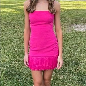 Likely 00 pink hoco or Cocktail dress with fringe detailed bottom